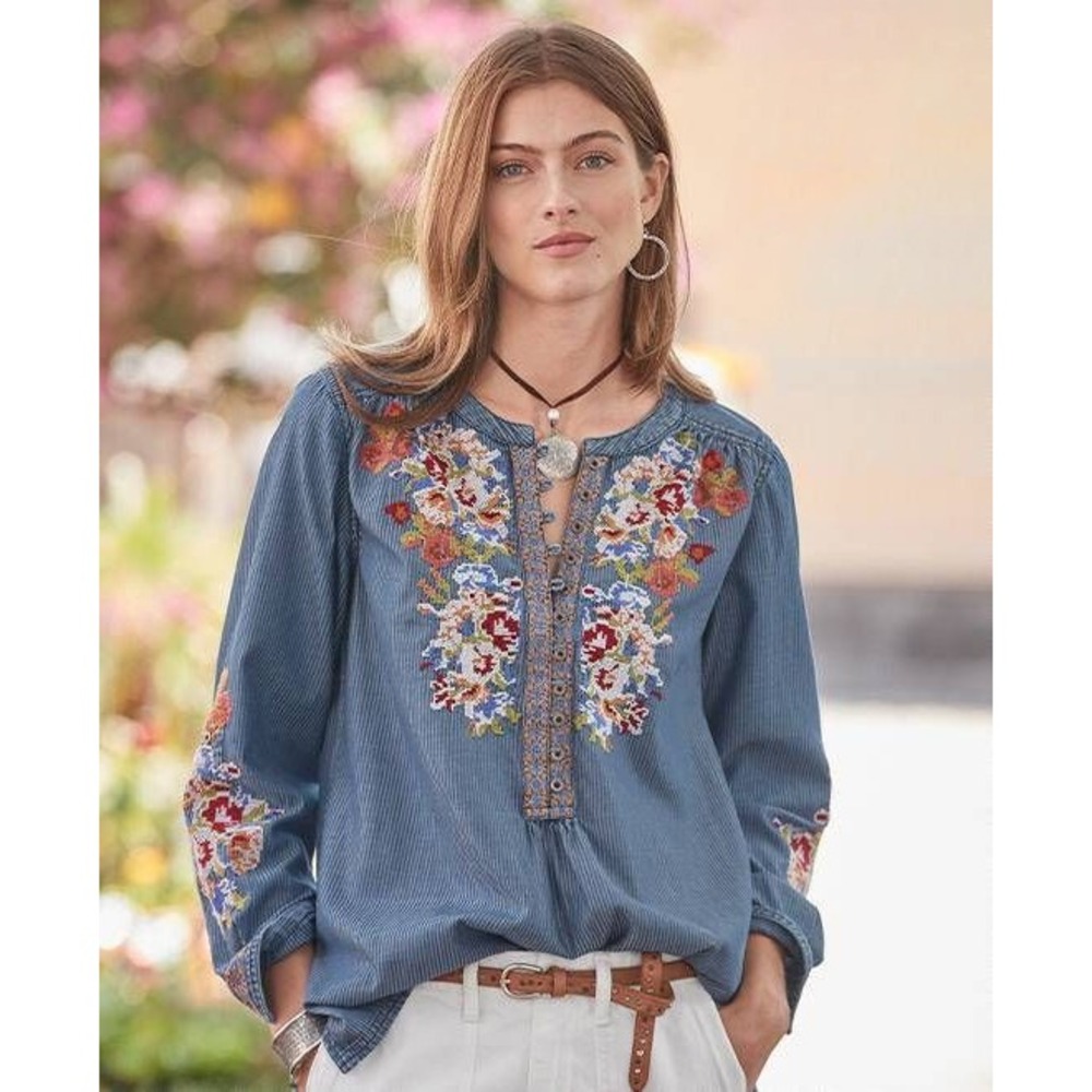 Sundance Kenza Embroidered Floral Cottagecore Boho Striped Henley Tunic Top S